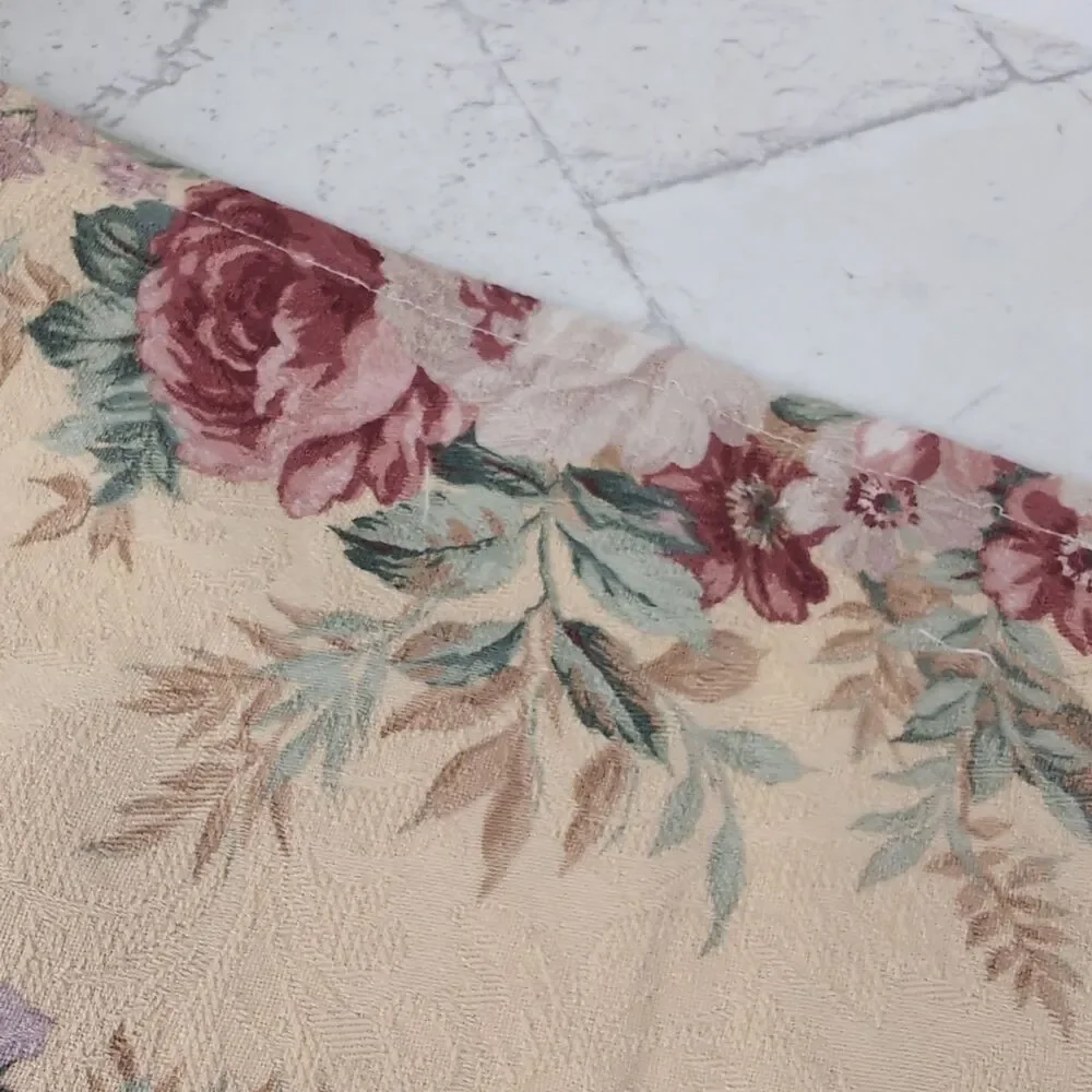 Beige Jacquard Floral Table Runner with Gold Lace Trim French Country Cottage